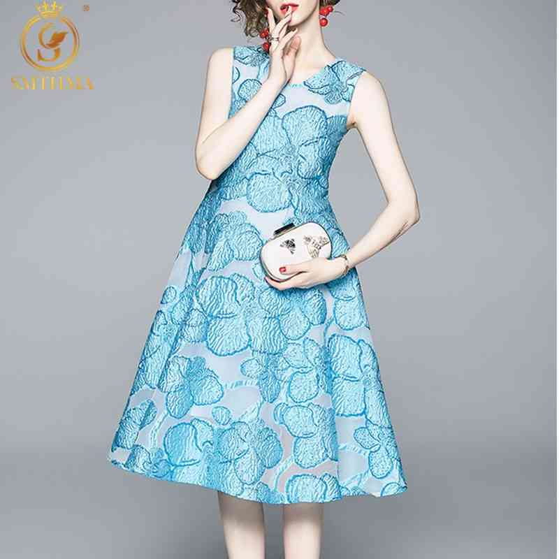 

High Quality Spring And Summer Temperament Slim Waist Sleeveless Jacquard Dresses Women's Vintage Elegant Runway Vestidos 210520, Photo color