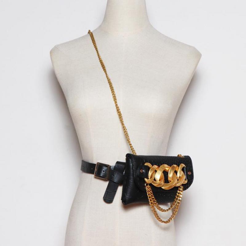 

Waist Bags Women Bag Thick Chain Patchwork Leather Alligator Vintage Mini Fanny Pack For Trend 2021