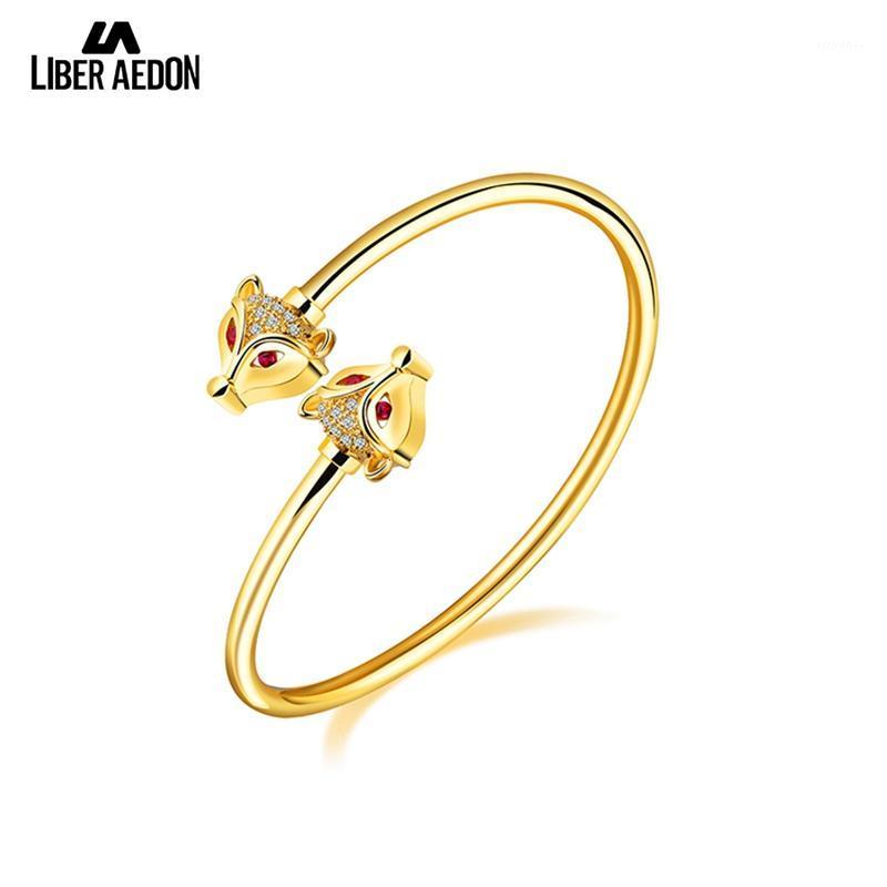 

Liber Aedon Luxury Gold-color Women Bangles CZ Crystal Foxes Head Bracelet Open Bangle Wedding Jewelry Lover Gift In Box