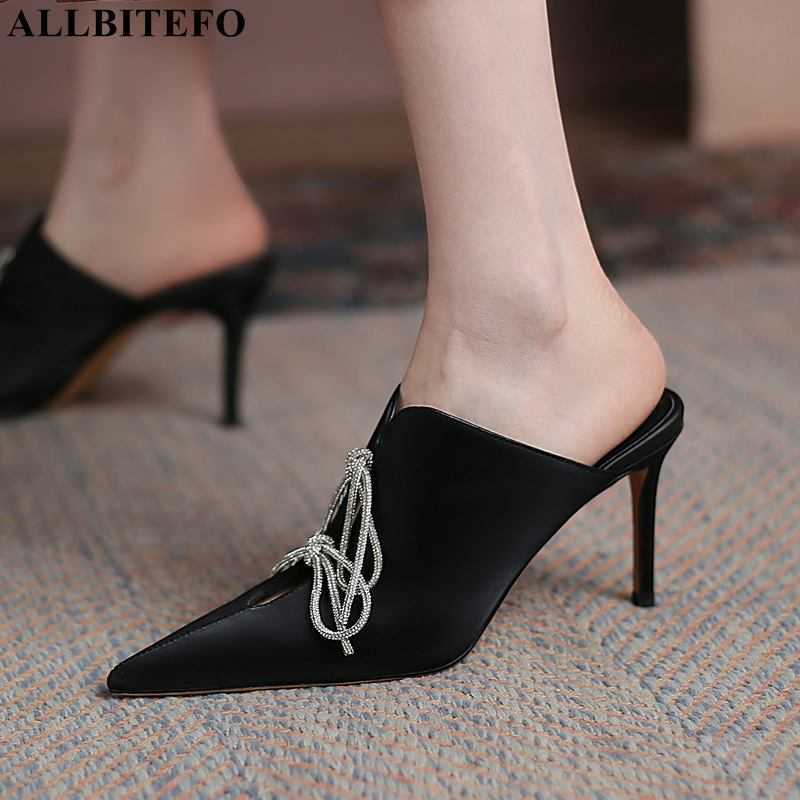 

ALLBITEFO High quality genuine leather bowtie sexy high heels wedding women shoes summer women slippers women sandals sandalias 210611, As picture