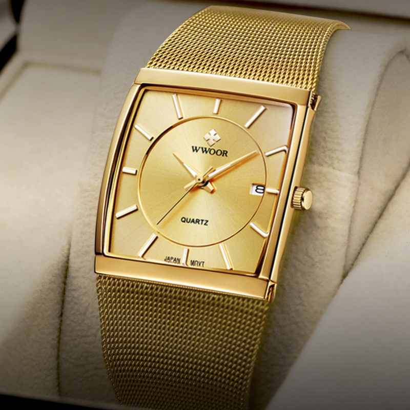

WWOOR Luxury Gold Watch Men Square Japan Quartz Slim Steel Mesh Waterproof Sports Automatic Date Wrist Watches Relogio Masculinog, Gold gold
