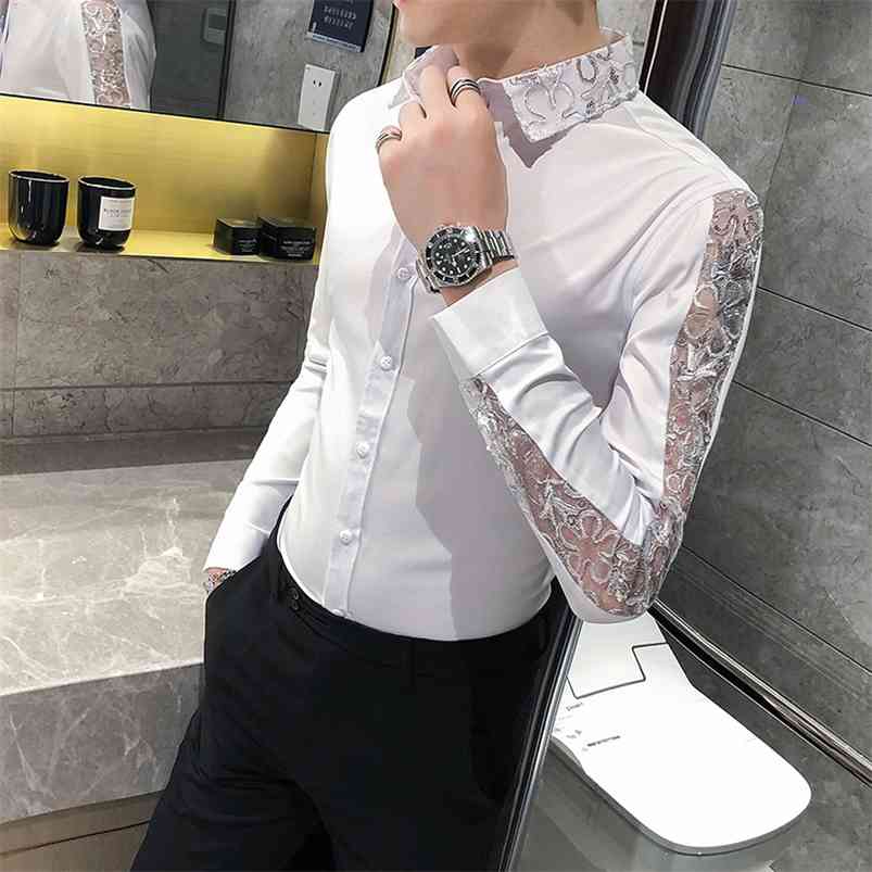 

British Style Sexy Lace Long Sleeve Shirt Men Fashion Streetwear Slim Fit Casual Shirts Night Club Prom Tuxedo 4XL-M 210721, Black