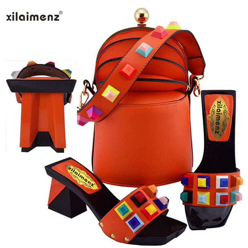 

Orange Color 2021 Spring Arrivals African Women High Quality Shoes And Nice Bag To Match 8 CM Slipper For Party Dress, Black