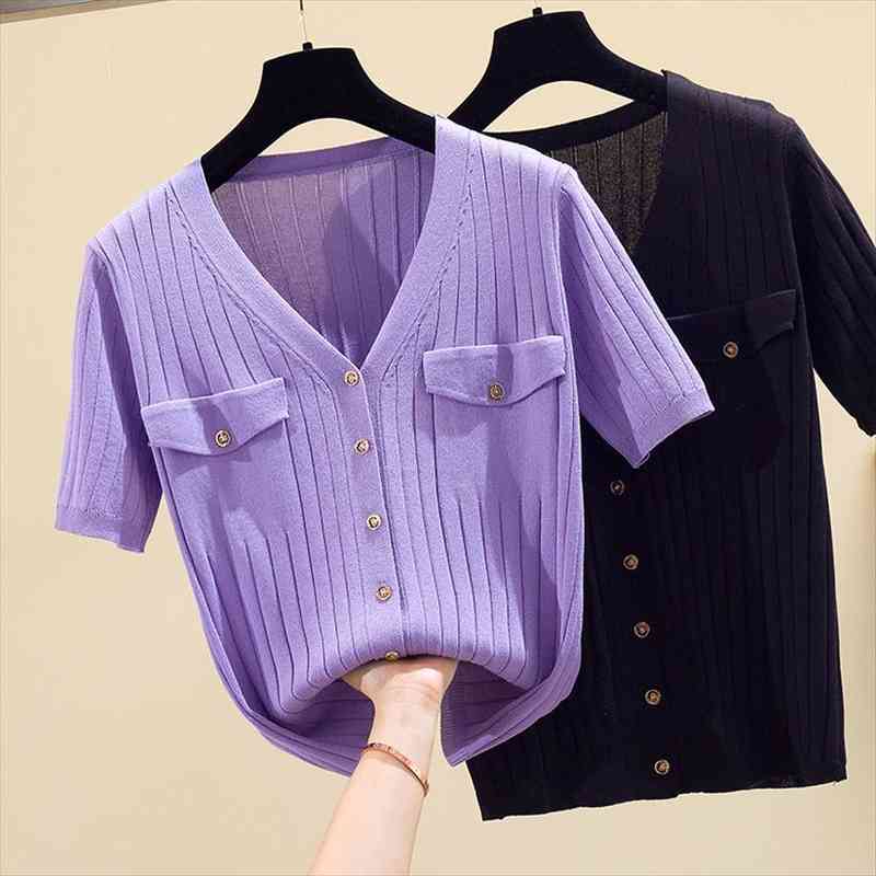 

knitted cardigan women v-neck short sleeve sweater women modis purple black, White;black