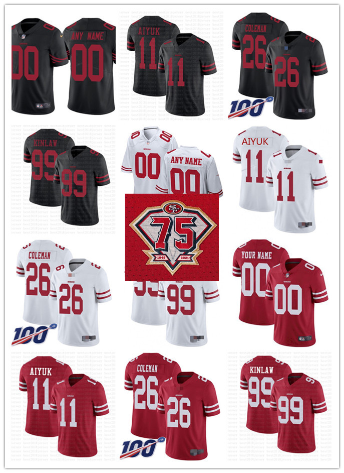 

75th Men Women Youth San Francisco 49ers 11 Brandon Aiyuk 99 Javon Kinlaw 26 Tevin Coleman custom red Black Football Jerseys, Black;red