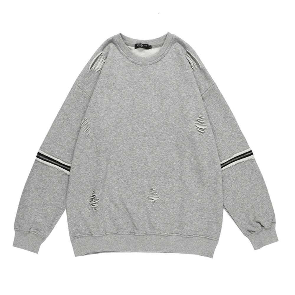 

Sweatshirts Vibe style zipper design hole sweater mens solid color loose round neck long sleeve top Street trend Sweatshirt Hoodie, Gray