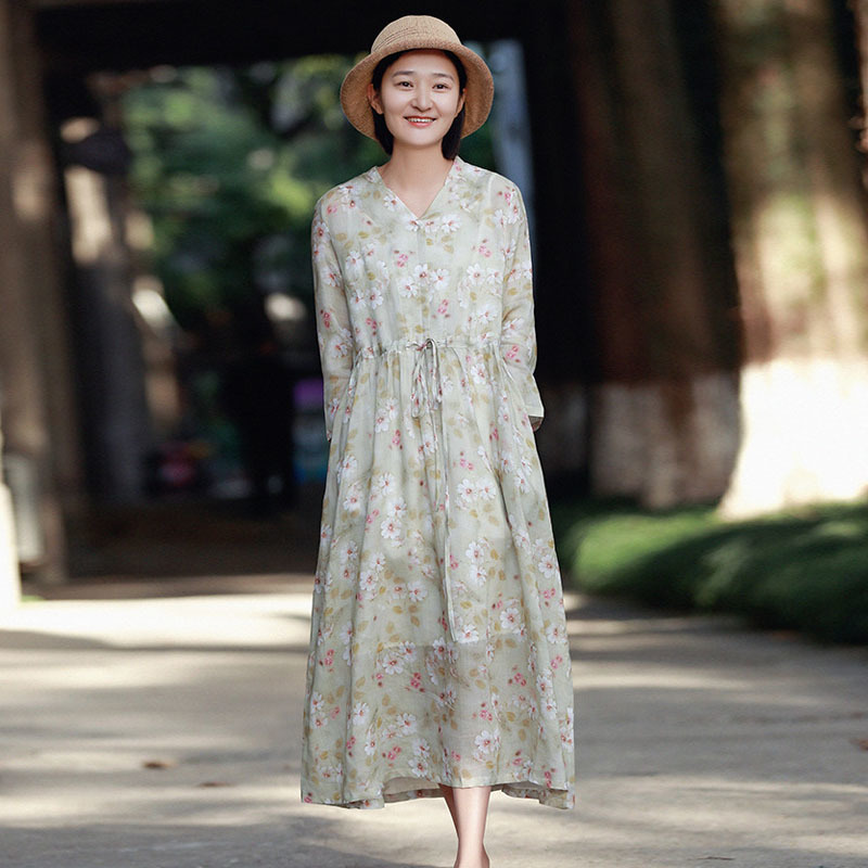 

Johnature Spring Loose Plus Size V-neck Nine Points Sleeve Retro Dress Simple Comfortable Floral Print Women Dresses 210521, Beige