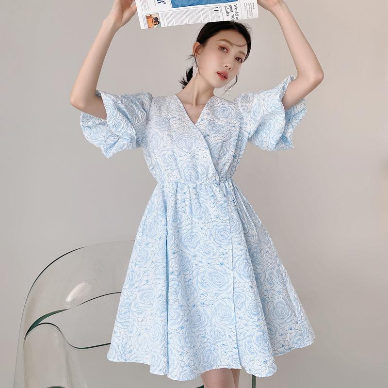 

Party Dresses Design Blue Oil Painting Woman Dress Retro V-neck Puff Short Sleeve Princess Mini Summer Sweet Fresh Loose Elegant Vestido, Light blue