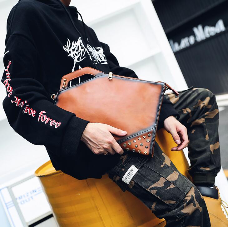 

Factory wholesale man bag Retro Mad Horse PU Leather Handbags Individual Ancient Rivet Punk Mens Wrist Bags Trend Rivets Slant Shoulde, Brown(boutique box)