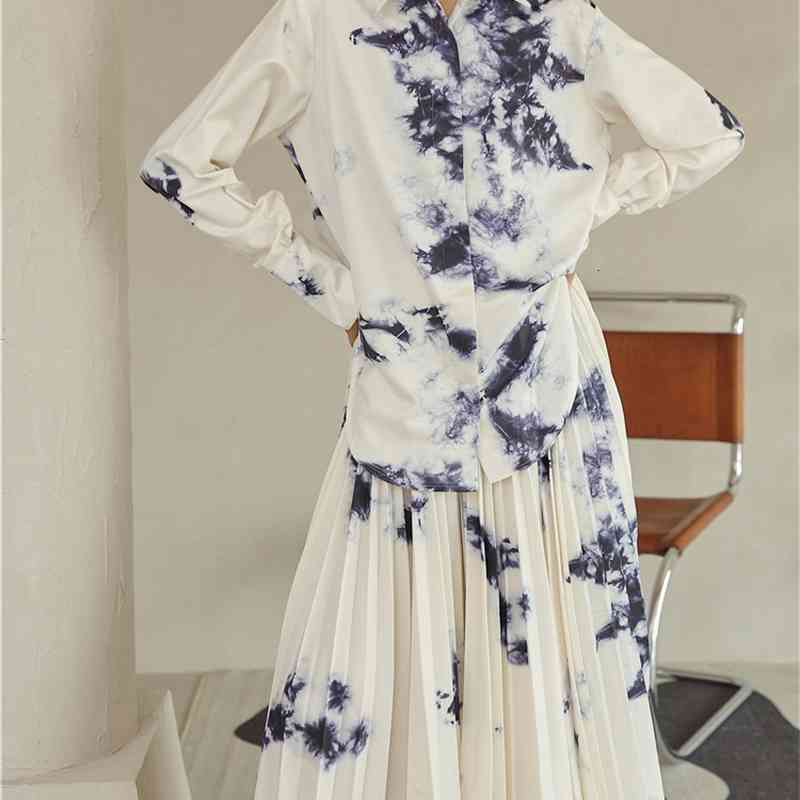 Two Piece Dress Tie Dye Long Pleated Skirt Womens High Waist Ink Wash Painting Floral White Flowy Ladies Midi Clothes 9W2U-image-702345136