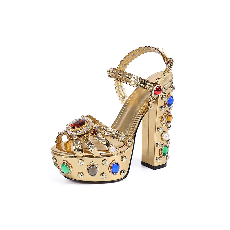 

Gold Genuine Leather Shoes Ankle Strap Sandals Women High Platform Diamond Chunky Heel Luxury Rhinestone Wedding Pumps Woman