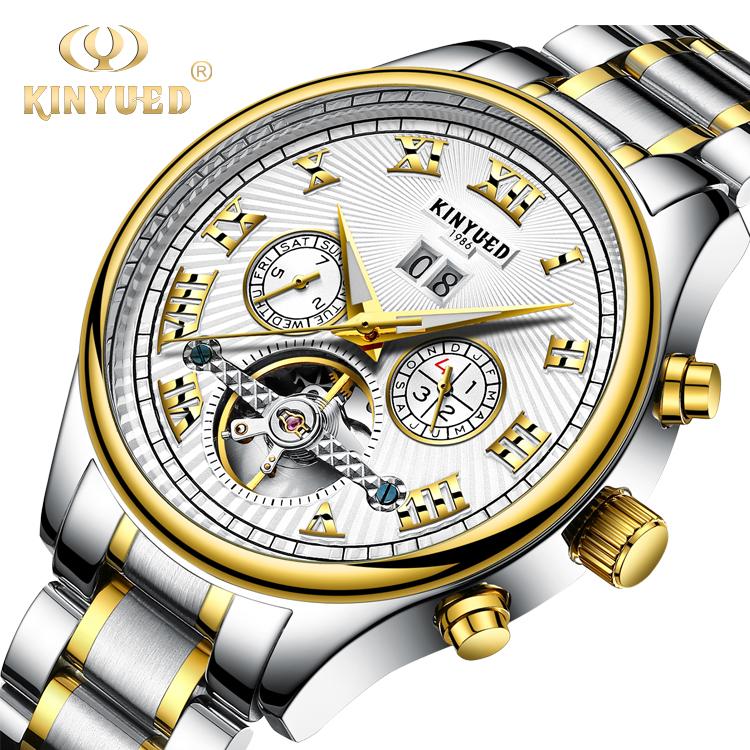

Wristwatches KINYUED Stainless Steel Men Automatic Multifunctional Waterproof Mechanical Watch Fashion Luxury Business Male, Silver gold