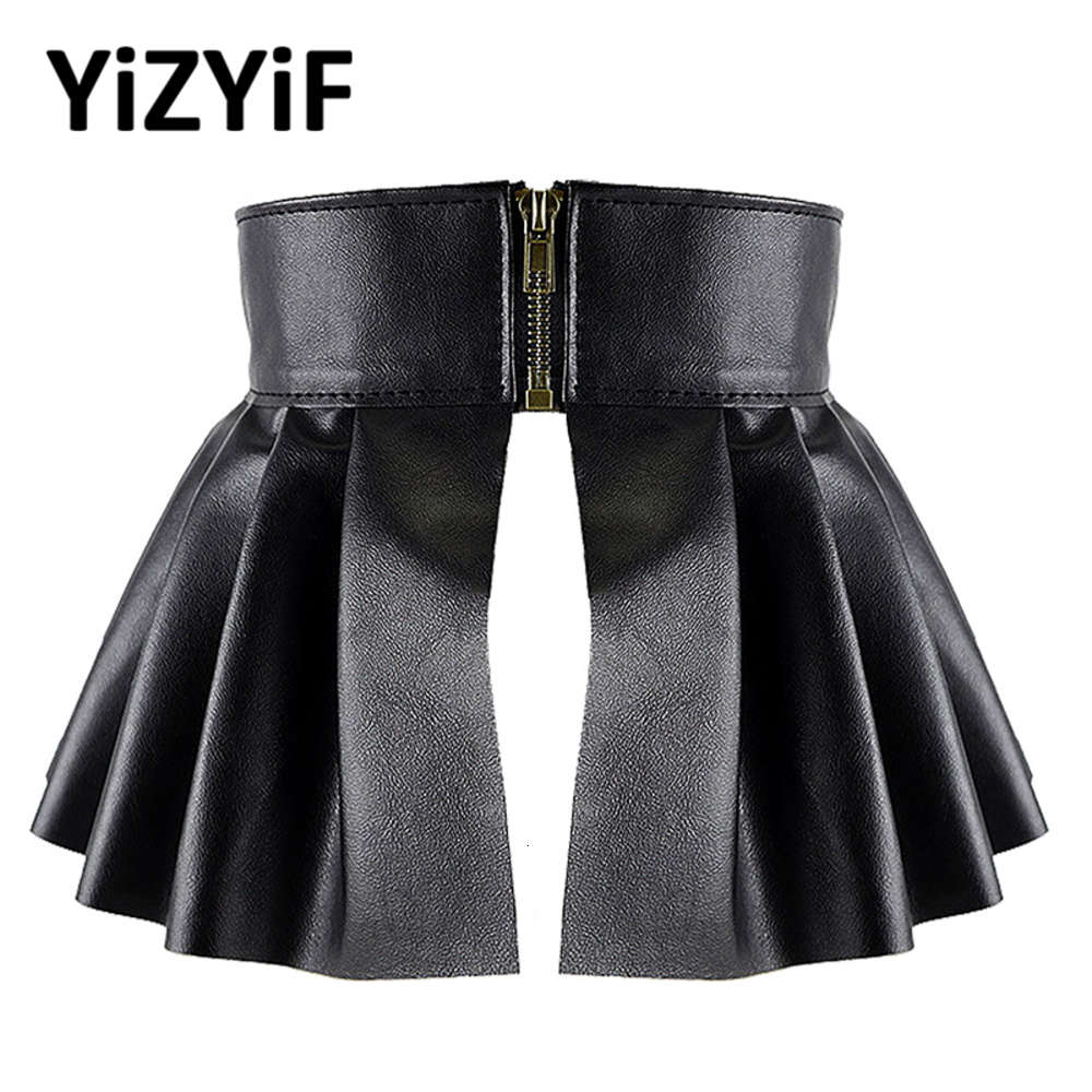 

Pleated Skirts Belts Garters Wide Belts for Women PU Leather Elastic Waistband Elegant Lotus Leaf High Waist Belt Girdle Female, Black