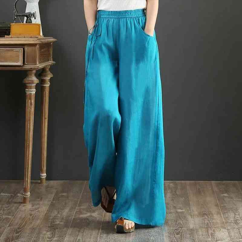 

double-layer cotton and linen wide-leg pants womens autumn and summer fashion pocket retro loose high-waist linen trousers, Black;white
