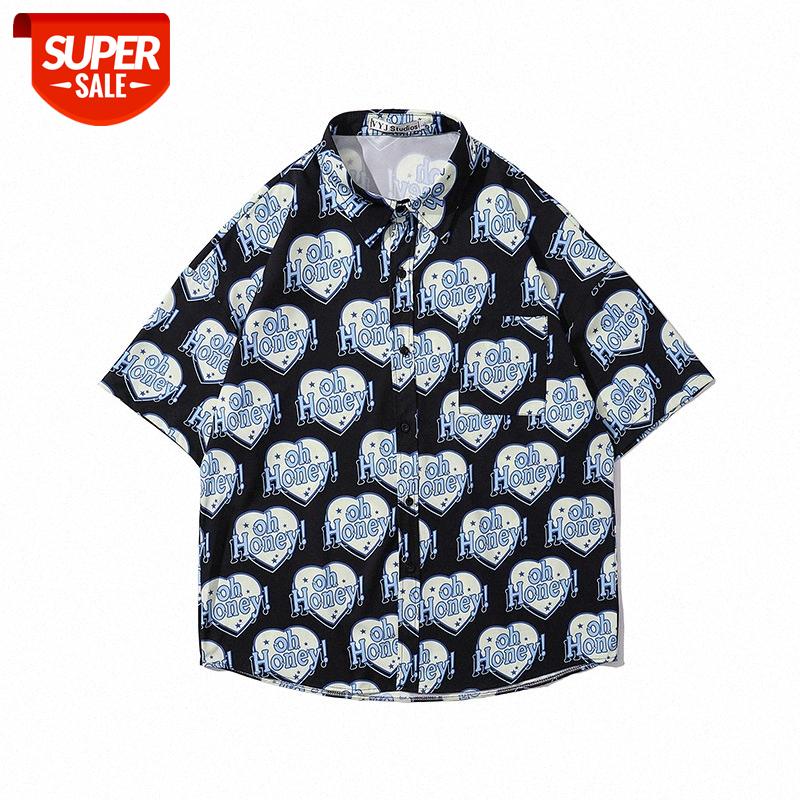 

Hip-hop love full print short-sleeved shirt male street loose bf couple #lv8v, White;black