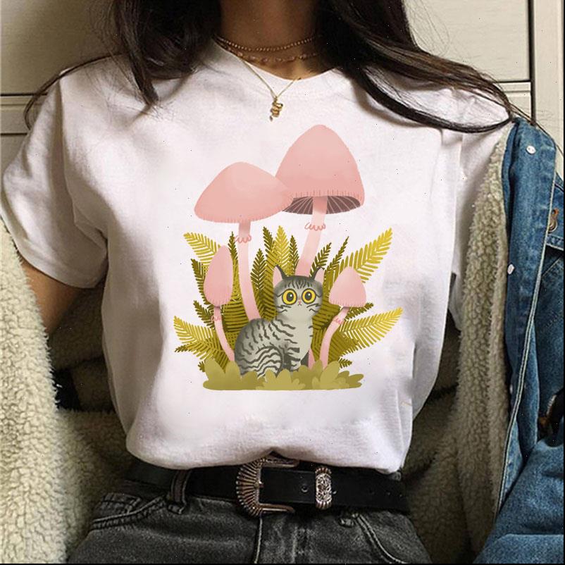 

Flower and Women T Shirts Cat Print shirt Harajuku Cartoon Tee Summer Short Sleeve Tops Woman Cute Tshirt, White