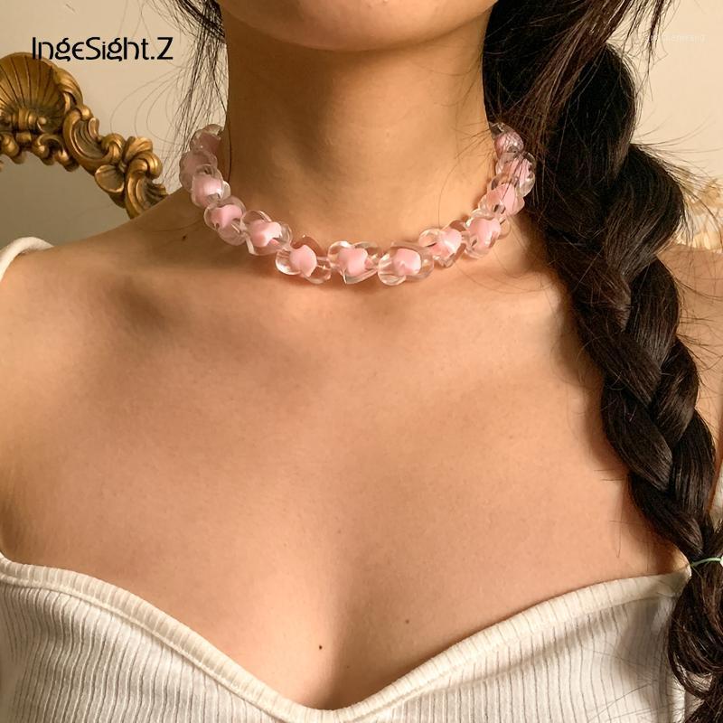

Chains IngeSight.Z Romantic Pink Color Love Heart Short Choker Necklaces Statement Acrylic Resin Clavicle For Women Jewelry