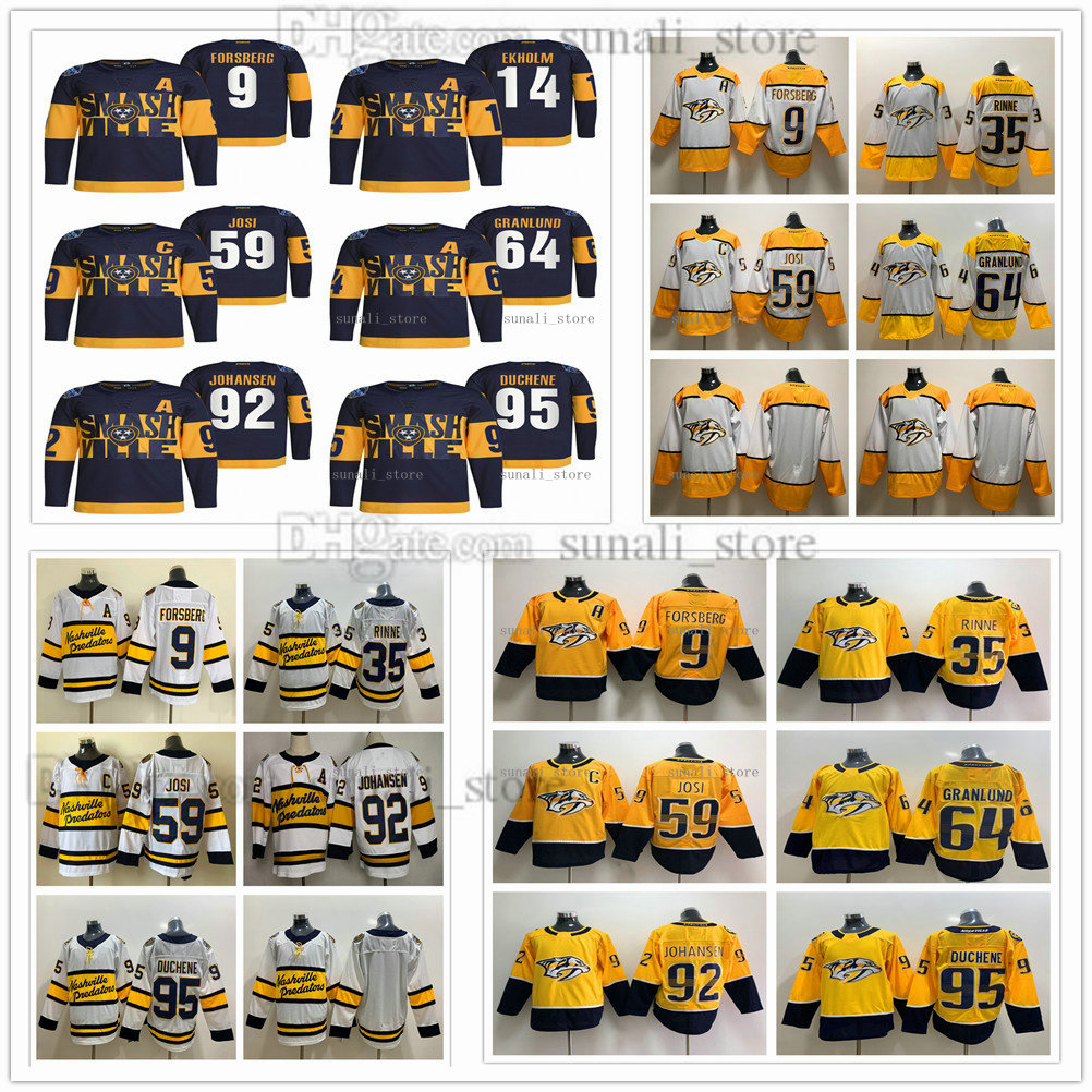 

2021-2022 Stadium Series Ice Hockey 9 Filip Forsberg Jerseys 35 Pekka Rinne 59 Roman Josi 64 Mikael Granlund 92 Ryan Johansen 95 Matt Duchen, Black;red