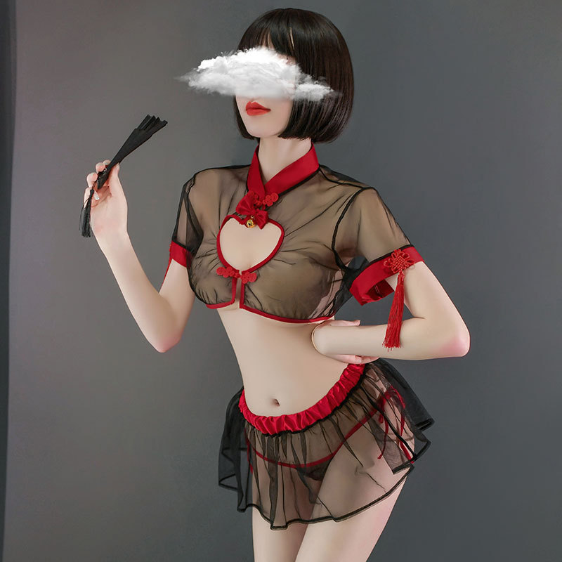 

New Retro Cheongsam Pajamas Set Sexy Lingerie Mesh Knot Tops with Panty 3pcs Lolita Maid Cosplay Uniform Female Chinese Style, Red