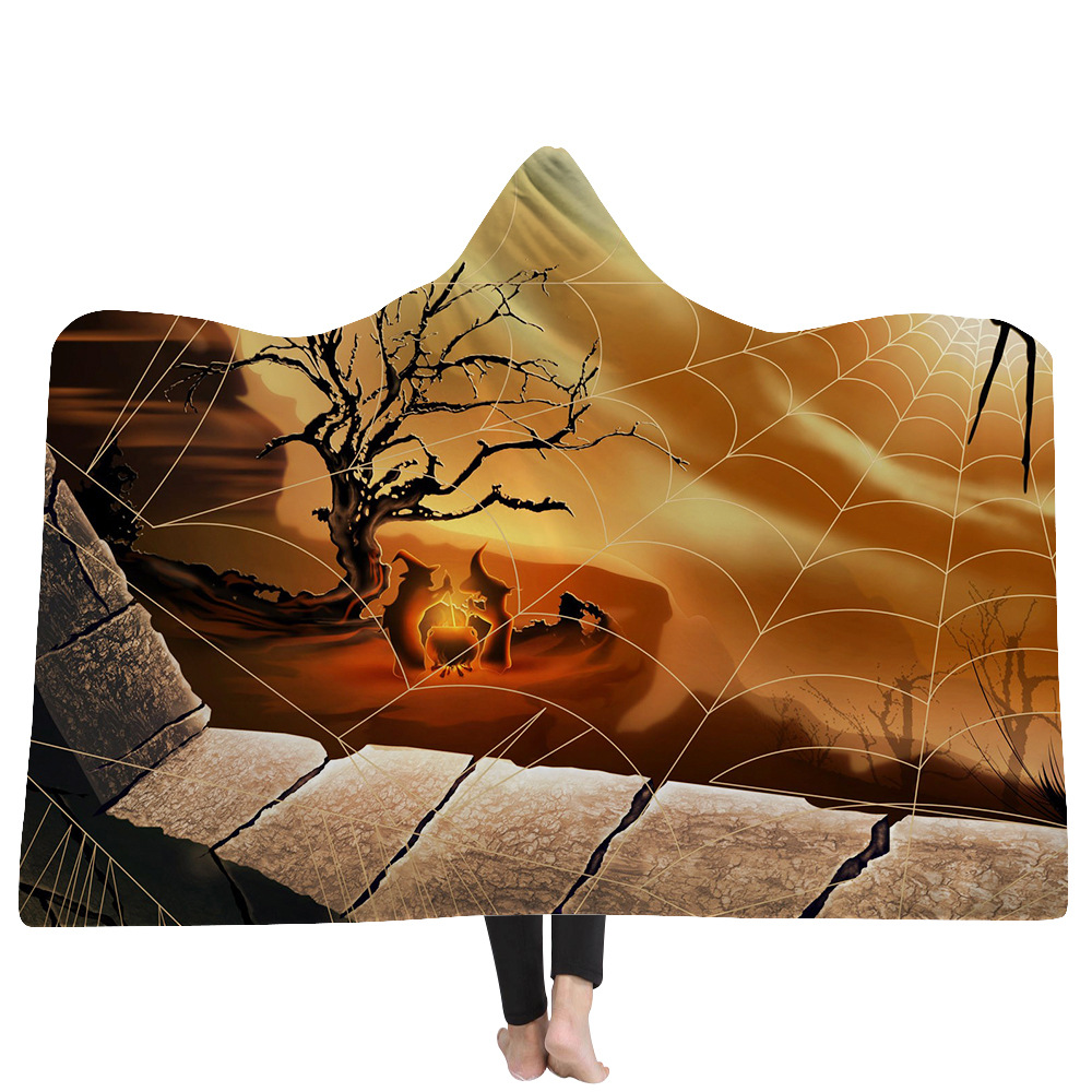 

Child Adults Pumpkin Castle Witch Bats Blanket Fleece Home Warm Happy Halloween Hooded Blankets Wearable Children Kids Gift