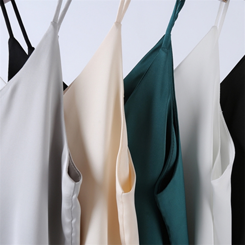 

Korean Fashion Silk Women Tops Woman Satin Blouses Top Plus Size V-neck Sexy Sleeveless 210604, White