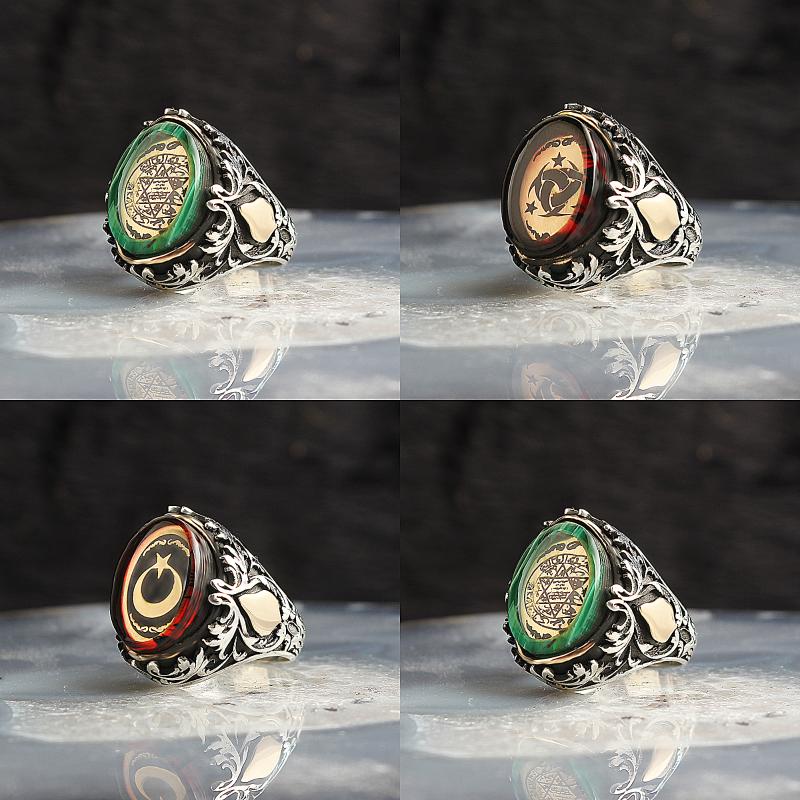 

Cluster Rings Sterling Silver For Men Of Solomon Handmade Bakelite Amber Stone Vintage Gift Turkish Jewelry Accessory Han