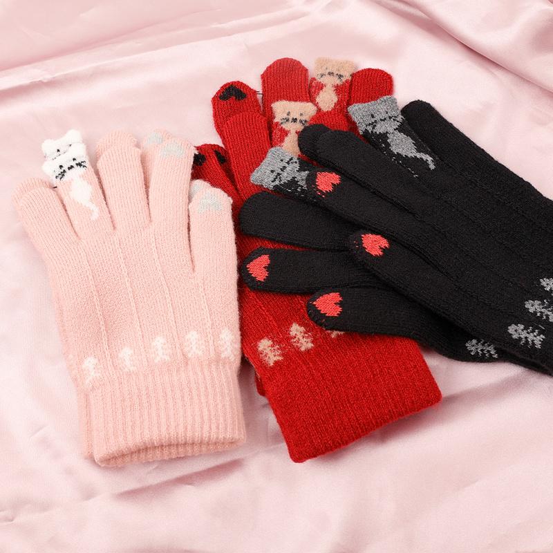 

Five Fingers Gloves Fashion Knitted TouchScreen Mittens Cute Full Finger Thicken Warm Soft Elastic Cartoon Cats Keep For Women Girls