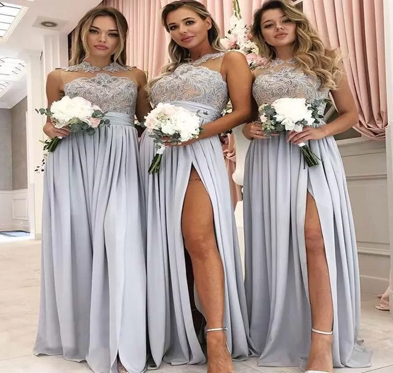 

2022 Chiffon Bridesmaid Dresses Jewel Neck Side Slit Plus Size Floor Length Lace Applique Sleeveless Maid of Honor Gown for Beach Wedding vestidos