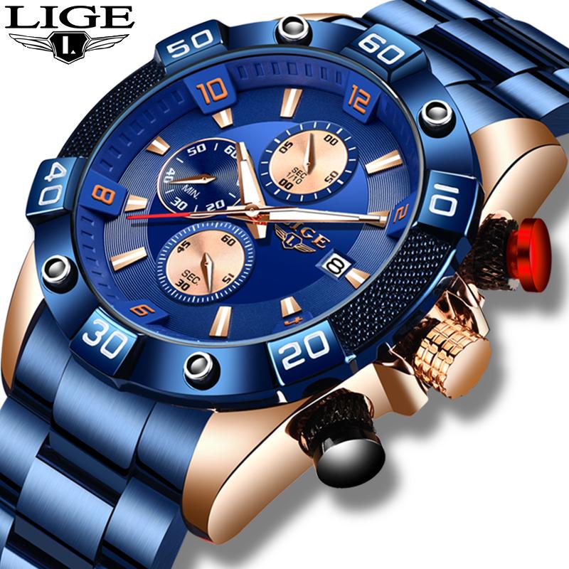 

Wristwatches Watch Men LIGE 2021 Stainless Steel Gold Male Military Sport Chronograph Waterproof Quartz Relogio Masculino, Rose gold black