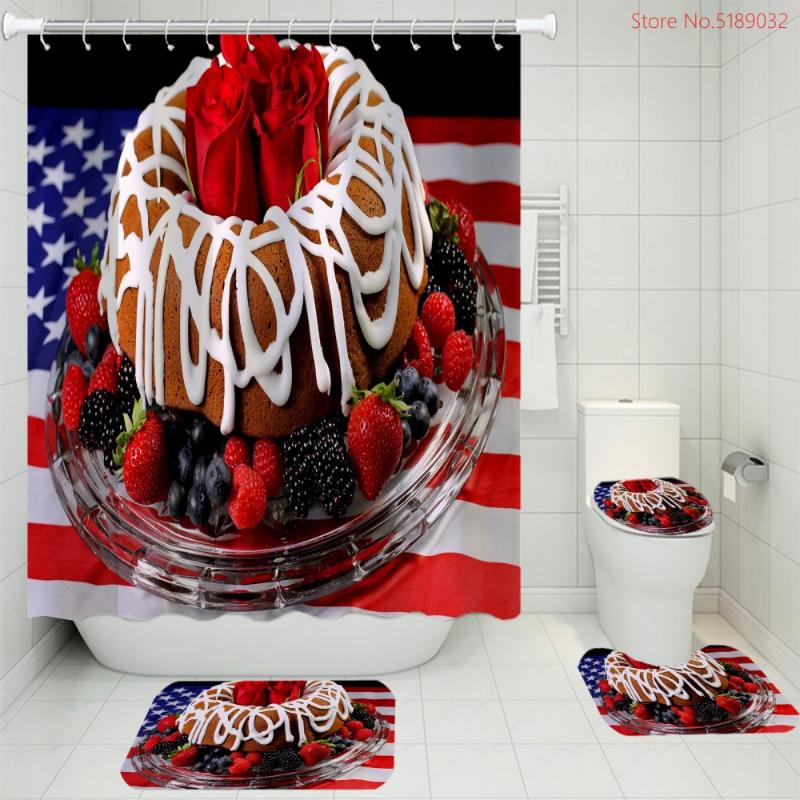 

Birthday Cake Print 4 Piece Bathroom Curtain Sets Toilet Lid Cover Cartoon Anti Slip Bath Rug Mats Waterproof Decor Accessory Set