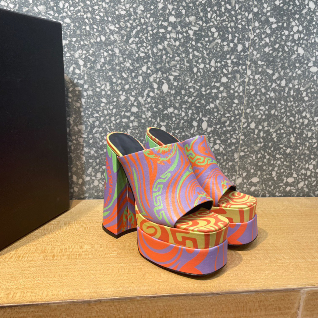 

Medusa platform sandals mules calf Leather printed slides chunky block high Heels slip-on open square toe women Luxury Designers street style shoes factory footwear, Printing