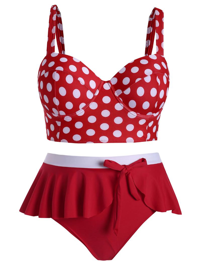 

Plus Size Polka Dot Women Bikinis Set Underwire Flounced Tankini Swimwear Red/Green Bowknits 3xl~5xl Casual Beach Bathing Suits Women's