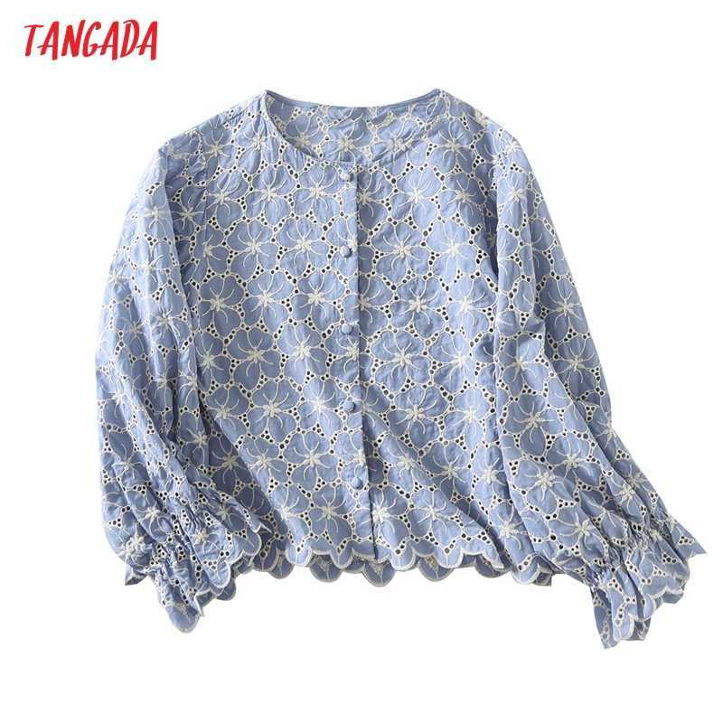 

Tangada Women Blue Hollow Embroidery Cotton Shirt Ruffles Three Quarter Sleeve Chic Female Crop Shirt Tops 6H92 210609