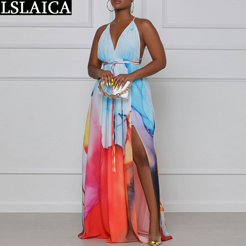 

Plus Size Dress Sexy Backless Casual Deep V-Neck Summer Suspender Floor-Length Colorful Formal Party Vestido De Mujer 210520, Blue