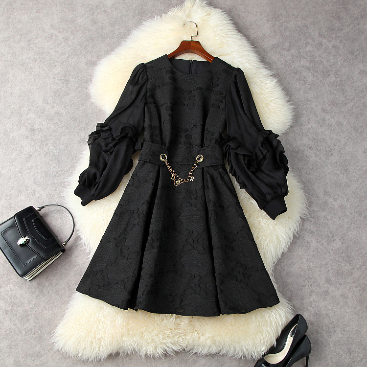 

Autumn 2022 women's wear for Europe and the United States Long sleeve lantern sleeve round collar Fashion jacquard black dress, Black;gray