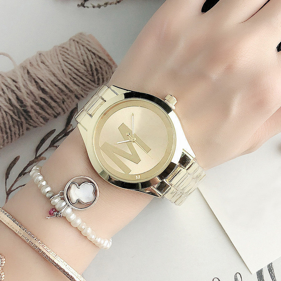 

Brand Watches Women Lady Girl Big Letters Style Metal Steel Band Quartz Wrist Watch M135, Slivery;brown