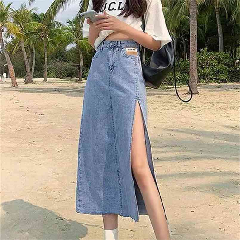 

Hem Single Slits Zipper A-Line Women's Summer Demin Skirt Large Size Streetwear Casual Skirts with High Waist Young Style 210702, Blue