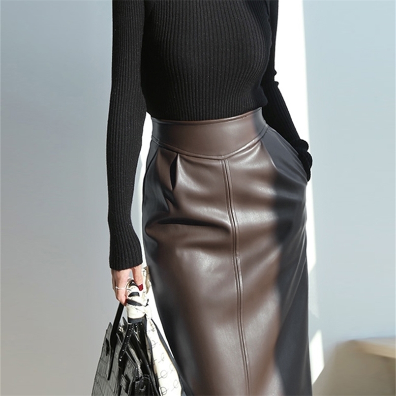 

Nerazzurri Spring midi leather skirt women Brown white black long high waisted pencil skirts for side slit zipper 7xl 210702