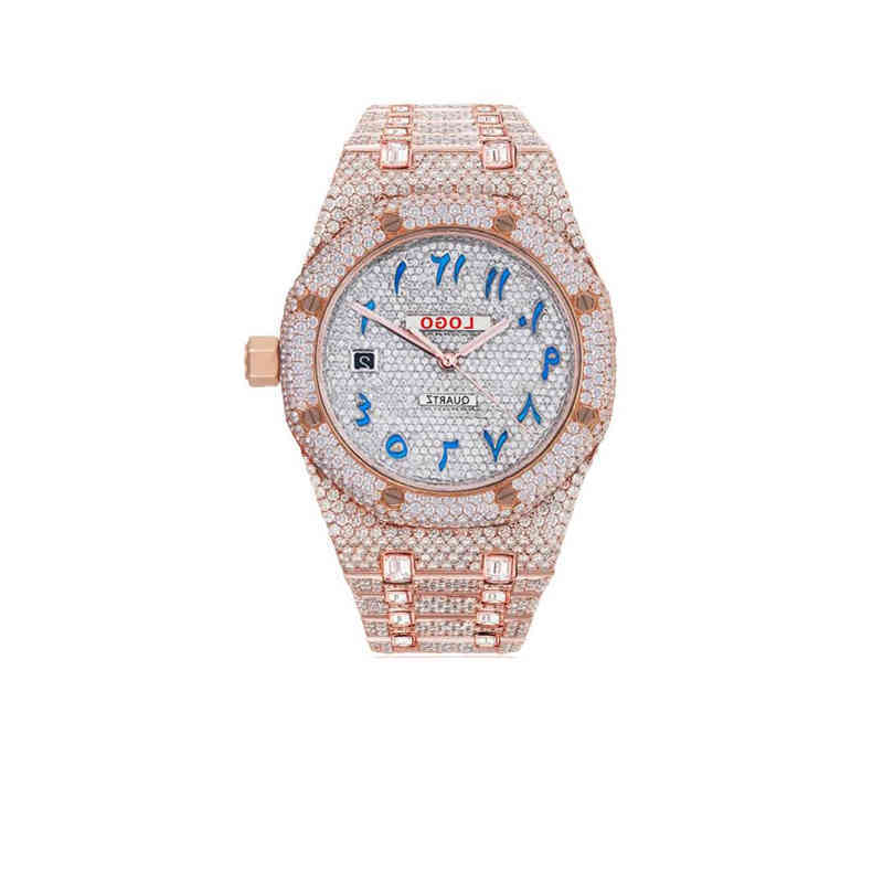 

Blu New dign Japane Quartz Movement Custom Blue Arabic Number Dial Diamond Luxury wrist watch, White gold