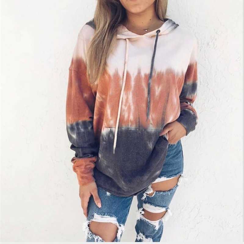 

2020 women' fashion rainbow gradient printed hooded long sleeve sweater, Yellow