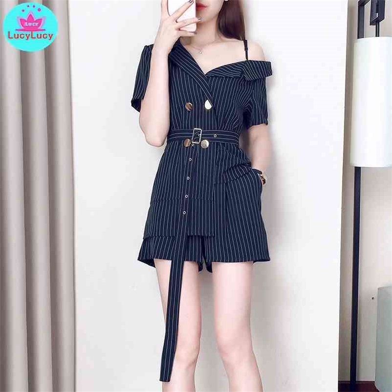 

Summer leaking shoulder striped shirt high waist wide leg shorts fashion 2 piece set European station ladies suit 210603, Black