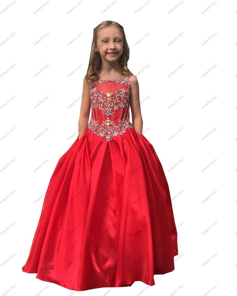 

Girl's Dresses 2021 Red Satin Sheer Neck Flower Girl Pageant With Pockets Hollow Back Crystal First Communion Gowns Robe Kids
