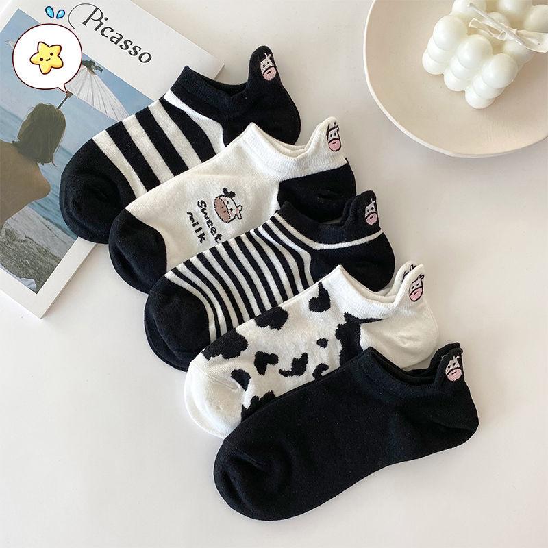 

Pairs Women Cotton Socks Embroidery Female Strawberry Cow Pack Korean Cartoon Cute Japanese Boat Funny & Hosiery, 5 pairs as picture