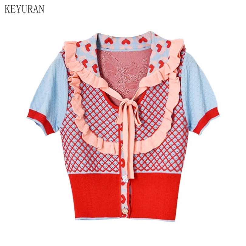 

Women Short Thin Knit Sweater Summer Lace-up Peter pan Collar Ruffles Back Beauty Pattern Jacquard Female Knitted Cardigan Tops 211018, Photo color