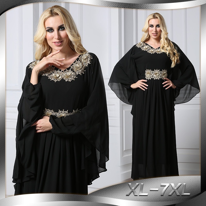 

Dubai Arab Summer Muslim Chiffon Dress Women Applique Bat Sleeve Turkey Hijab Dresses Jilbab Jubah Abaya Islamic Clothing L-7XL