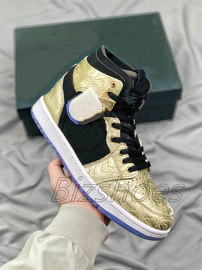 

1 CMFT Gold Laser Sports Designers Shoe Metallic Gold Black Blue 1s High Womens Mens Trainers Sneakers Sport, 01