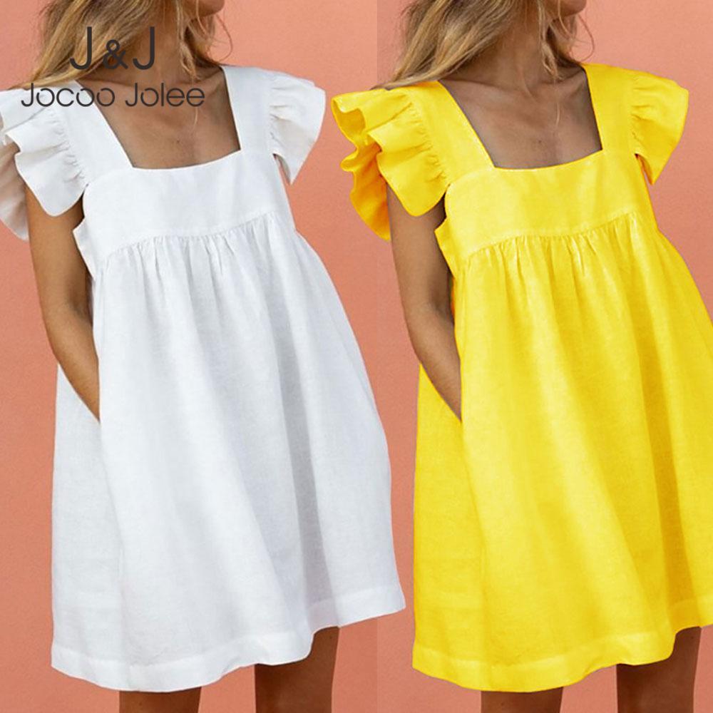 

Jocoo Jolee Women Summer Pleated Loose Burrerfly Sleeve Kawaii Basic Sweet Casual Solid Ruffle Square Collar Mini Dress 210518, White
