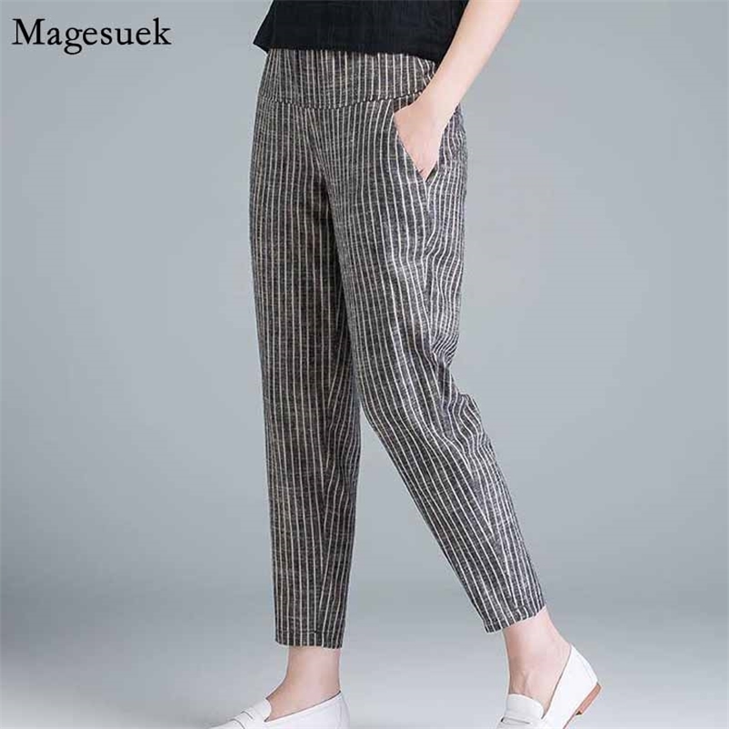 

Arrival Summer Korea Fashion Plus Size High Waist Thin Casual Harem Pants Women Striped Cotton Linen Trousers 10299 210518, Black