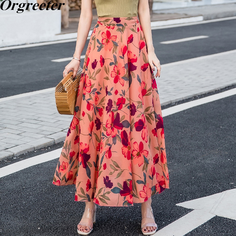 

Bohemian Mid-length Skirt Summer Floral printed Chiffon A-line 210525, Black