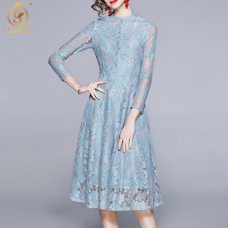 

Fashion Designer Spring Elegant Lace Hollow Out Dresses Robe Women O-Neck SlimTemperament Vintage Midi Dress 210520, Photo color